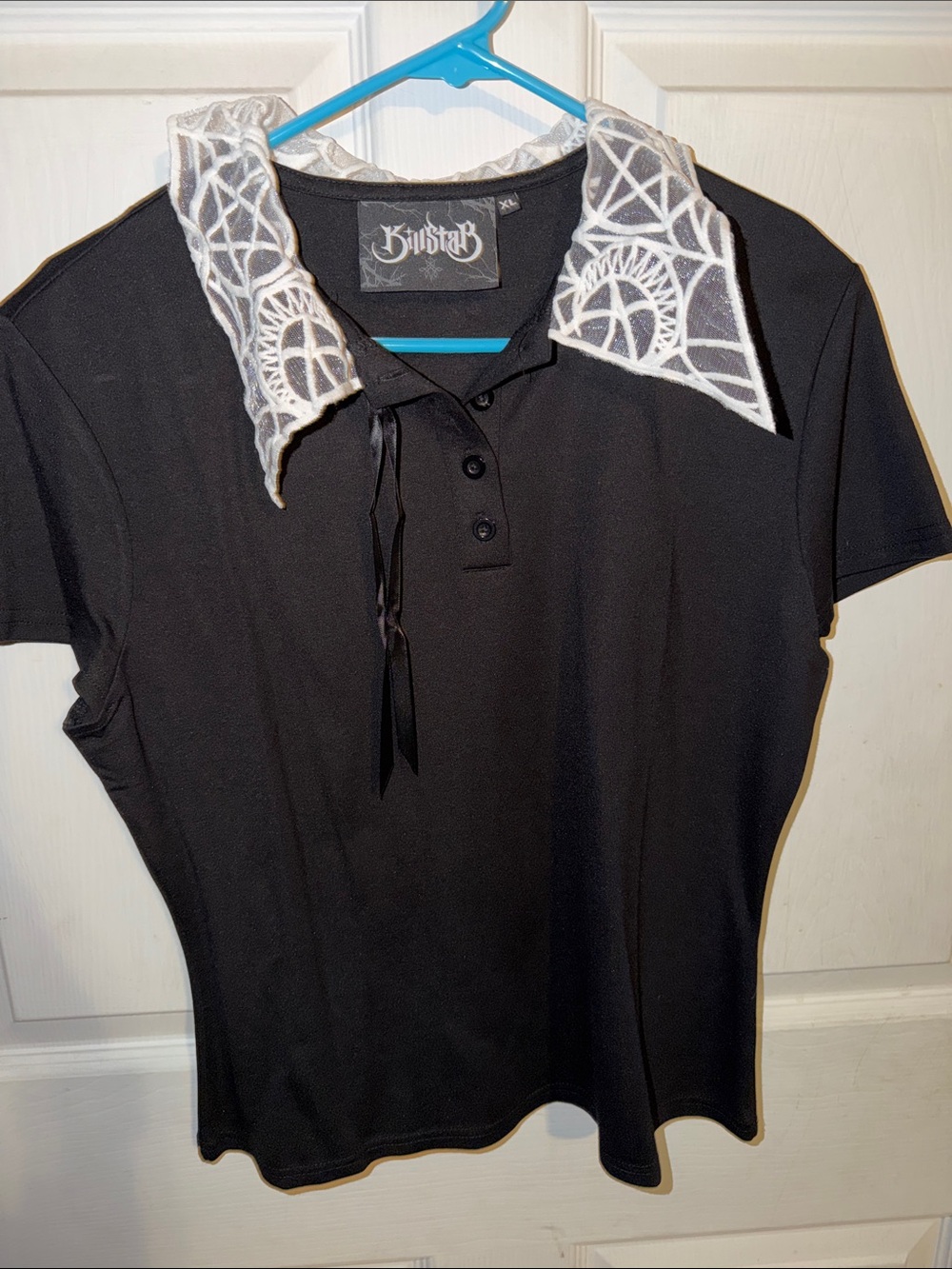 Killstar Black Polo Top with White Lace Web Collar